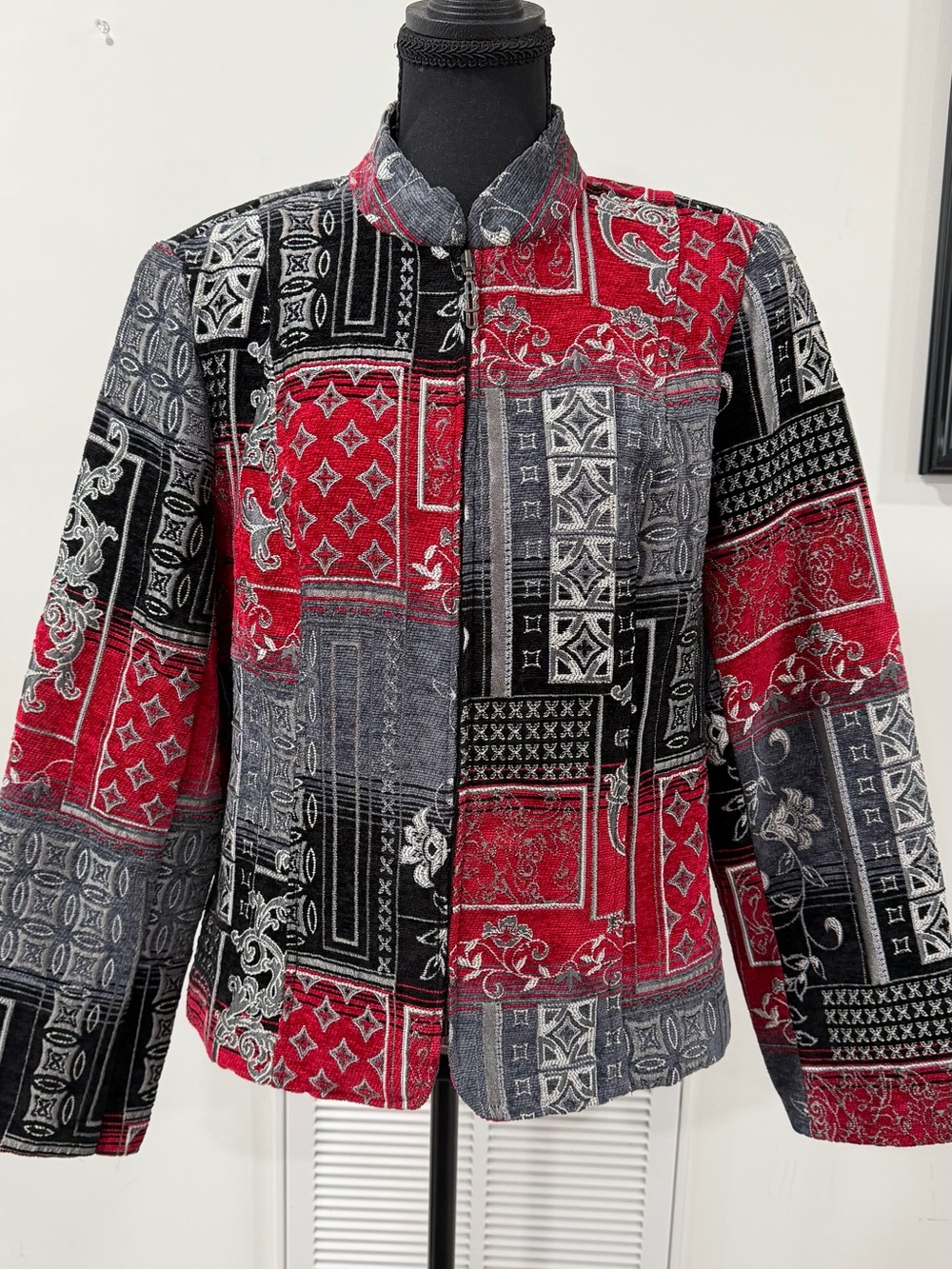 Patchwork-Print Red, Black & Gray Women's Jacket